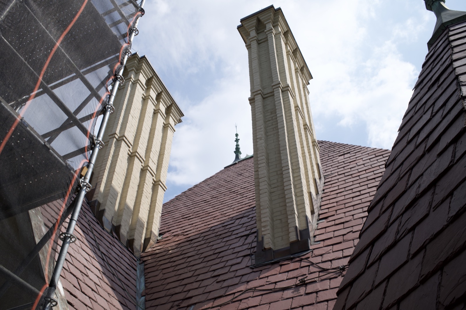 Restored chimneys above the slate roof at Clayton, Point Breeze, Pittsburgh