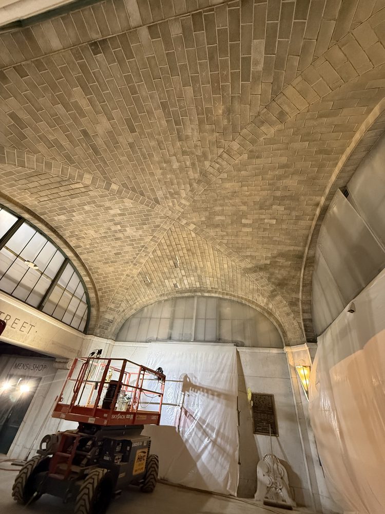 Guastavino entry lobby vault at Buffalo Central Terminal, sheeted, with a scissor lift under it