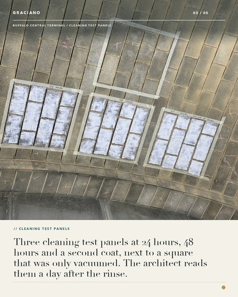 Instagram post: cleaning test panels on the Akoustolith tile at Buffalo Central Terminal