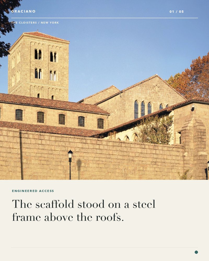 Instagram post: the scaffold at The Cloisters stood on a steel frame above the roofs